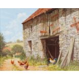 Edward Hersey - Chickens by an old stone barn, contemporary oil on canvas, Stacey Marks labels