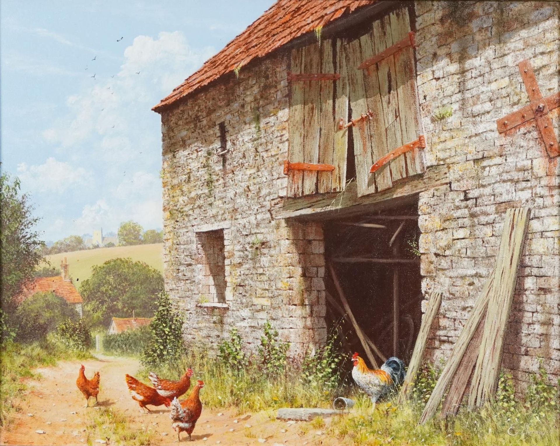 Edward Hersey - Chickens by an old stone barn, contemporary oil on canvas, Stacey Marks labels