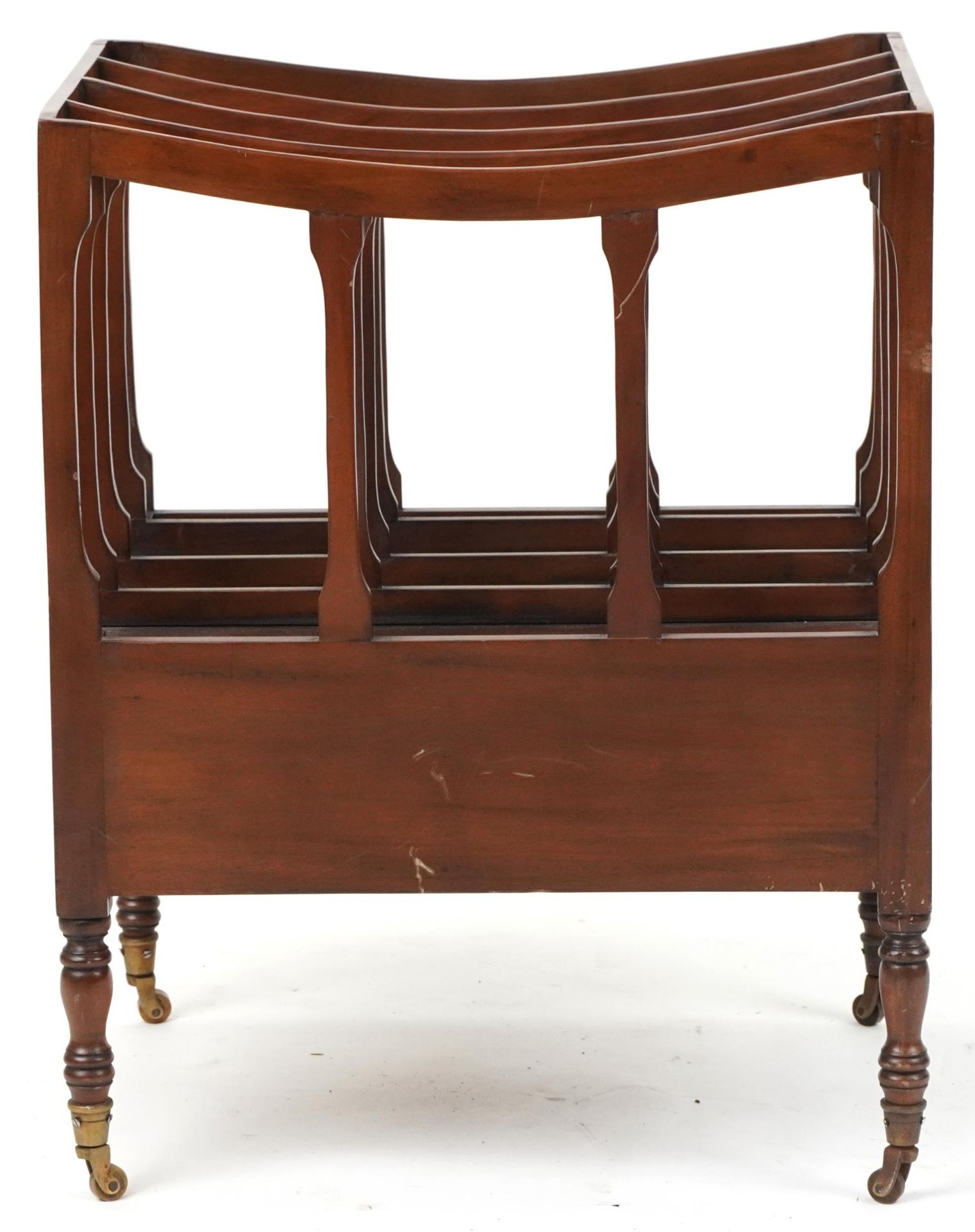 George III style mahogany Canterbury with base drawer on turned legs with brass casters, 59cm H x - Bild 4 aus 4