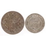 George III 1819 silver half crown and a Victoria Young Head 1844 silver crown, 41g