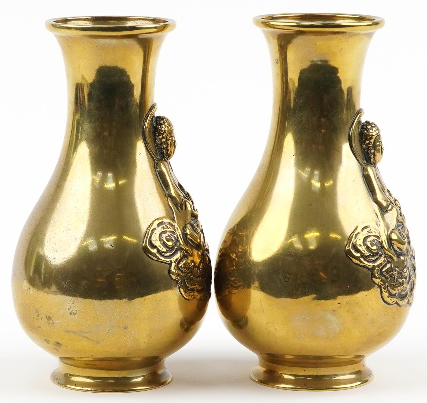 Pair of Chinese patinated bronze vases, each decorated in relief with Buddha, each 25.5cm high - Image 4 of 6