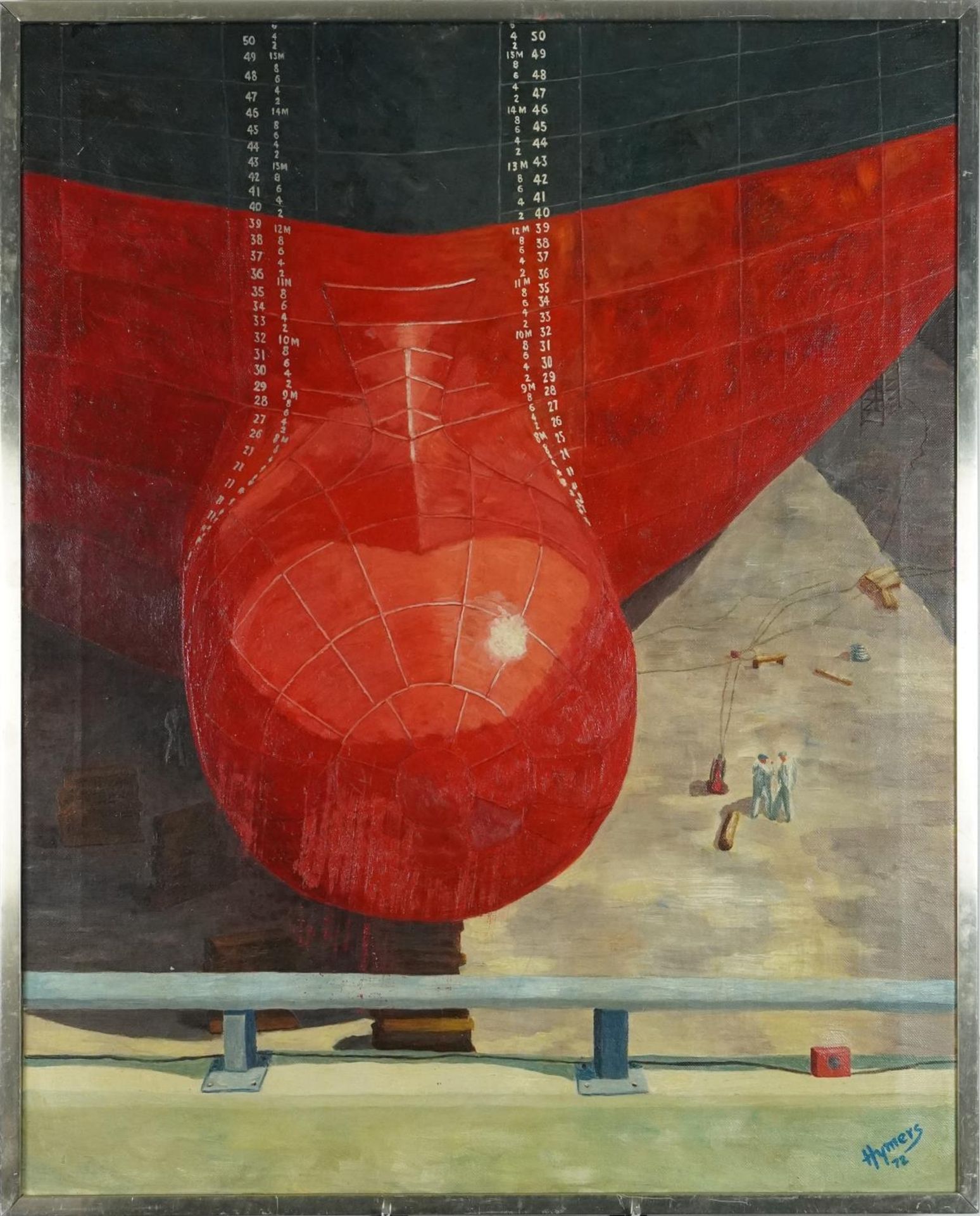 Hymers 1972 - Harland & Wolff shipped docked, oil on canvas, inscribed verso, framed, 76cm x 60cm - Bild 2 aus 5