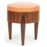 Scandinavian design hardwood three legged rocket stool with tan upholstered cushioned seat, 45cm H x