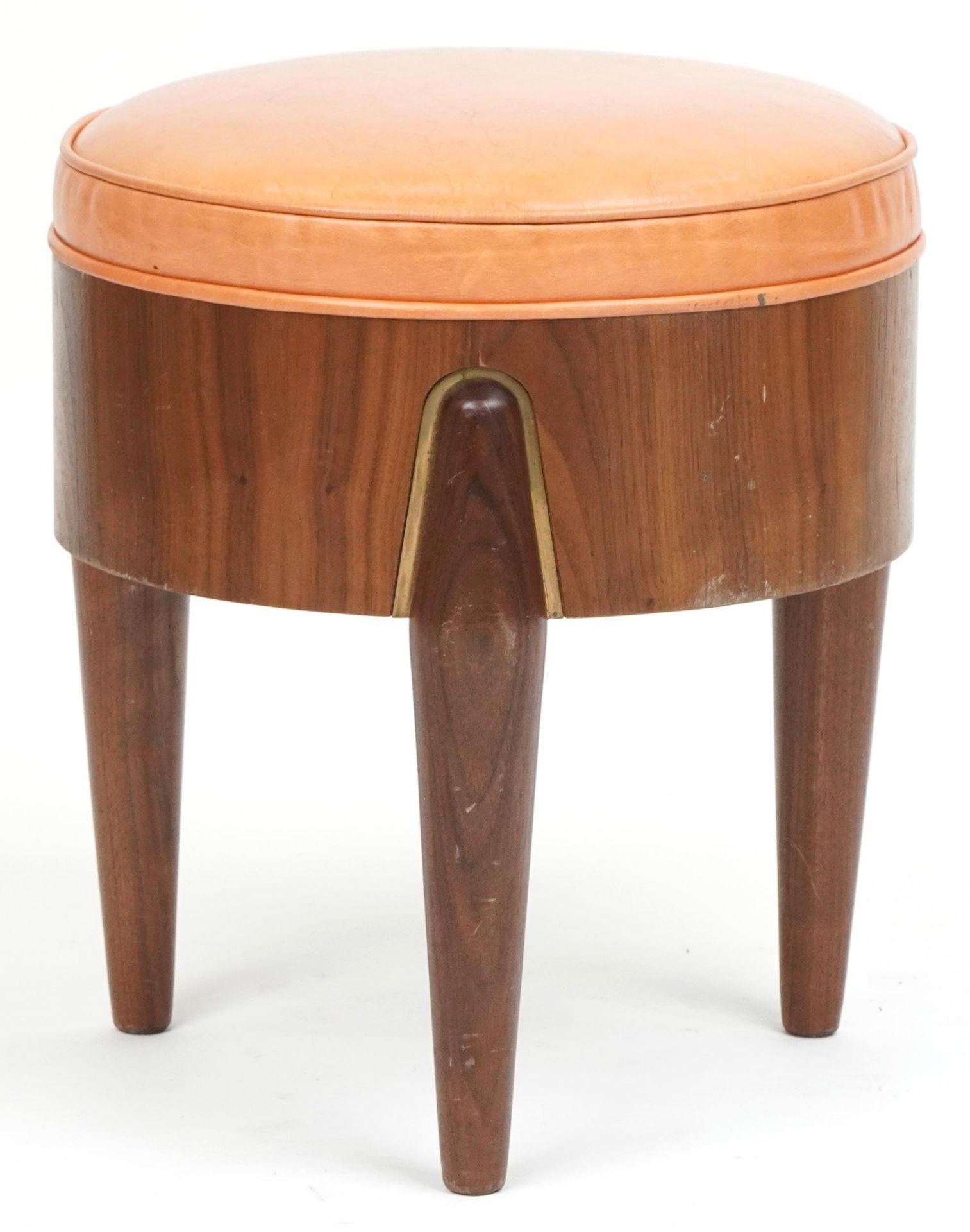 Scandinavian design hardwood three legged rocket stool with tan upholstered cushioned seat, 45cm H x