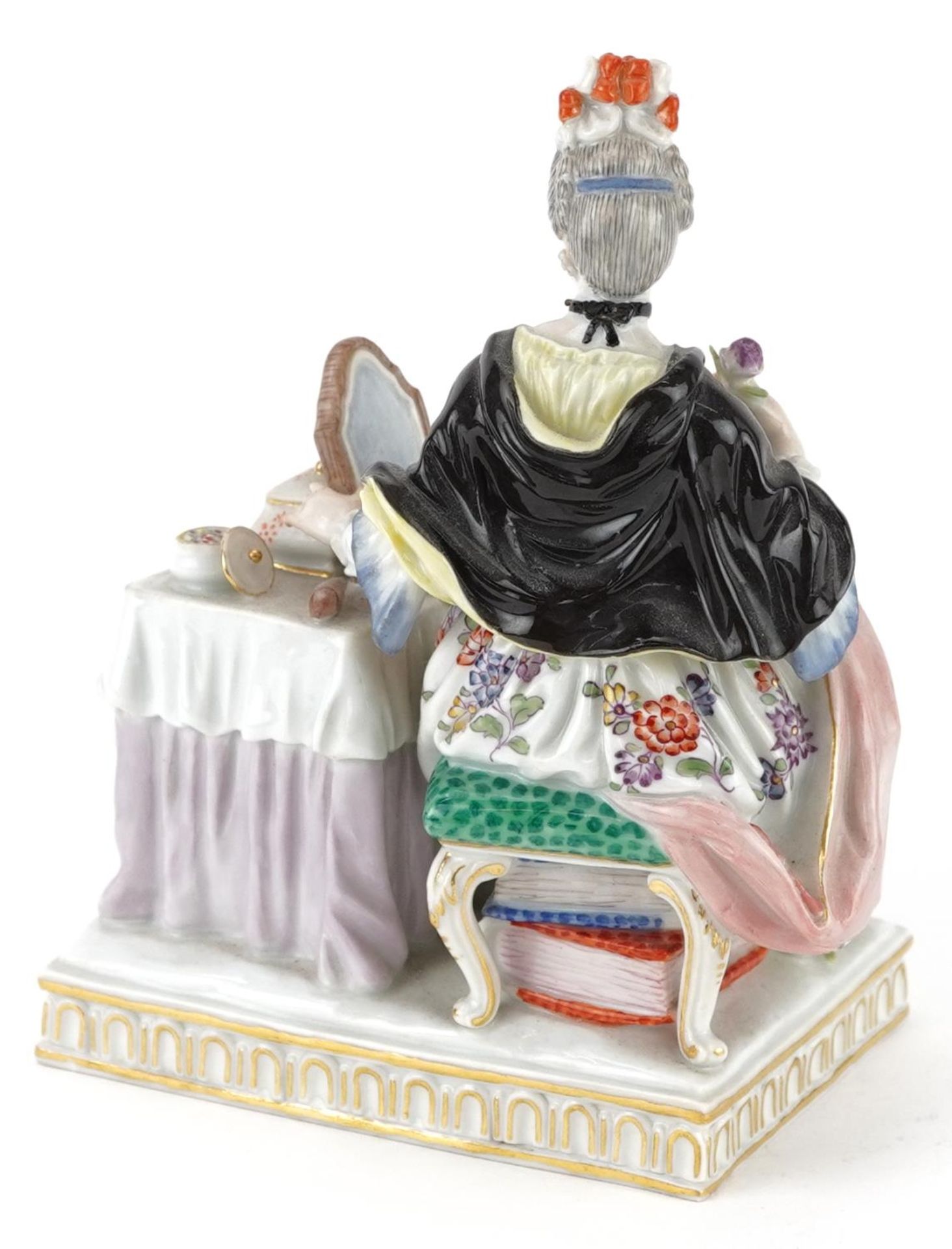 Meissen, 19th century German porcelain figure of a female sitting beside a dressing table with - Bild 2 aus 3