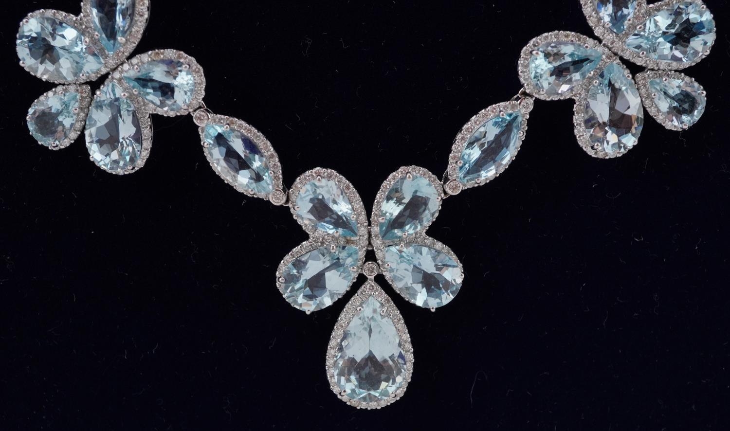 Good 18ct white gold teardrop aquamarine and diamond floral necklace, the largest aquamarine - Image 7 of 9