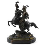 Large 19th century classical patinated spelter sculpture of a Cavalier on horseback raised on a