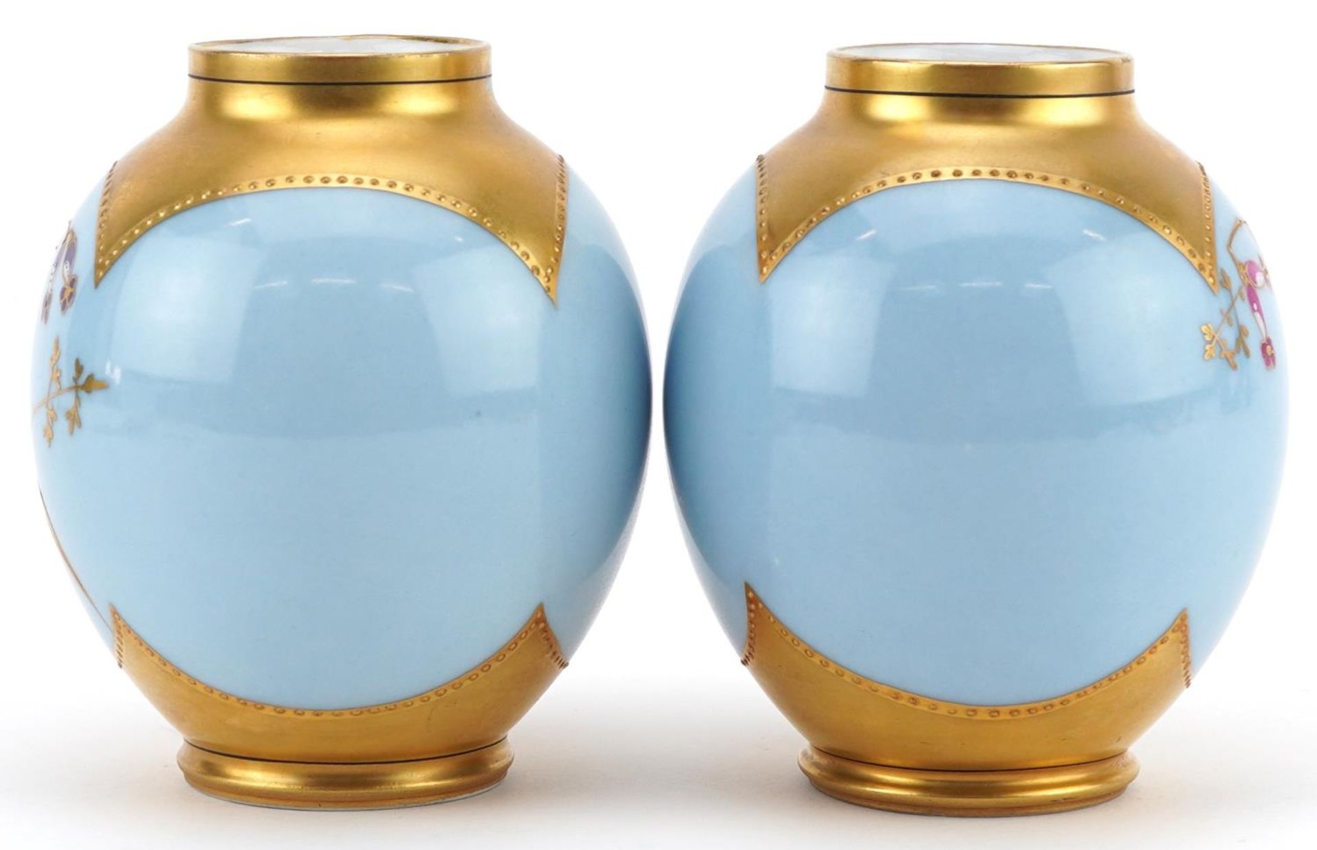 Limoges, pair of French blue ground porcelain vases hand painted and gilded with stylised birds - Bild 2 aus 4