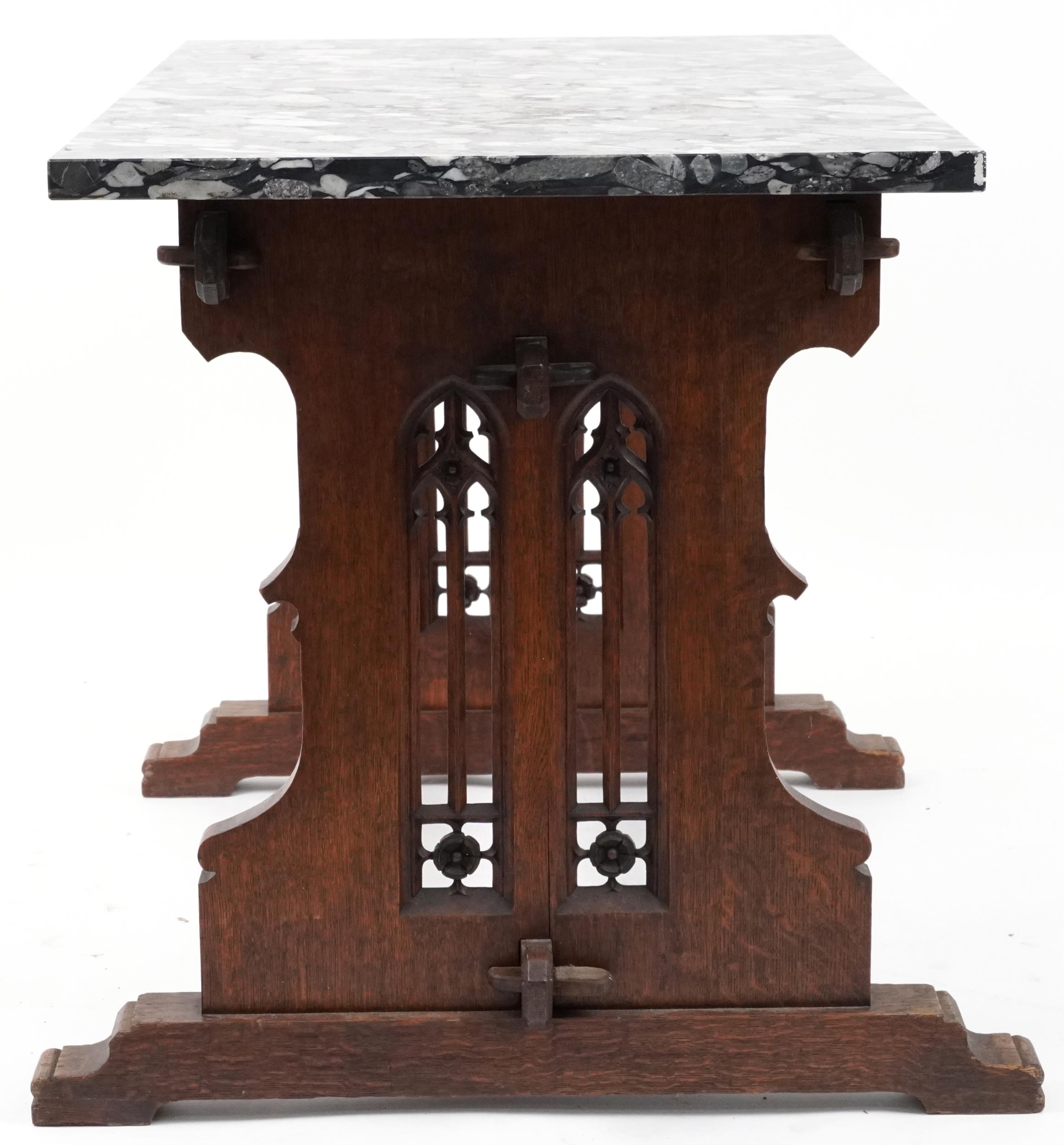 Victorian Gothic oak table with rectangular marble top in the manner of Pugin, 77cm H x 110cm W x - Image 4 of 5
