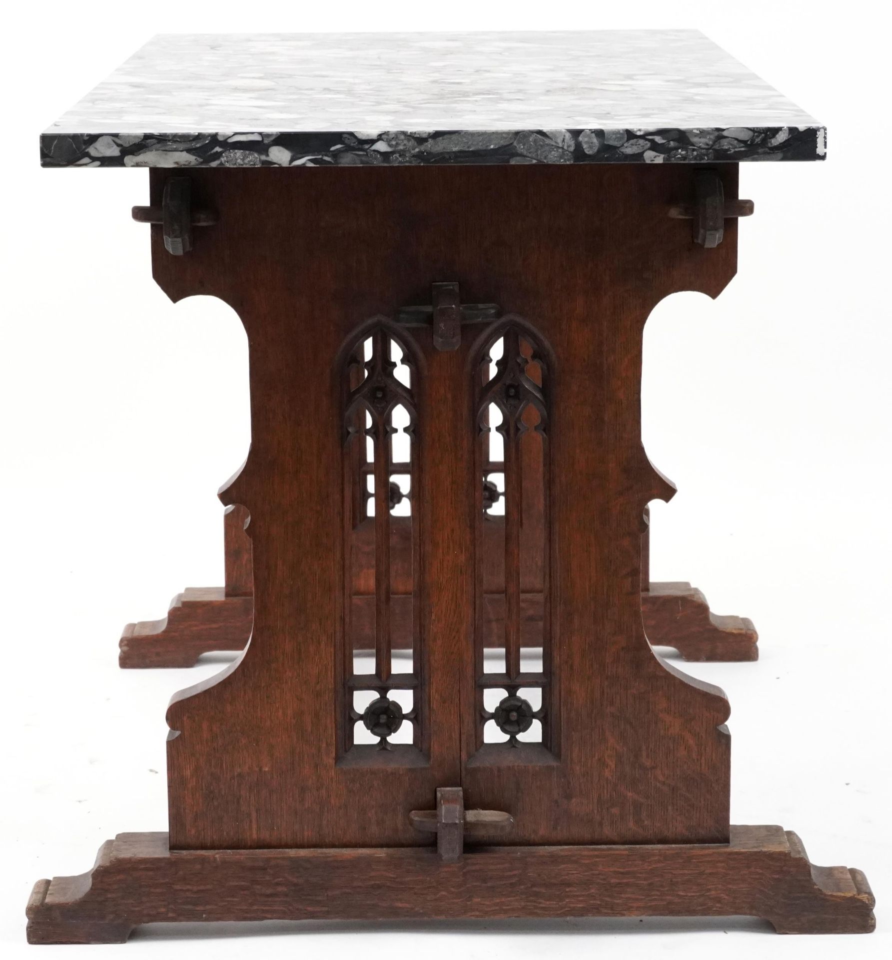 Victorian Gothic oak table with rectangular marble top in the manner of Pugin, 77cm H x 110cm W x - Bild 4 aus 5