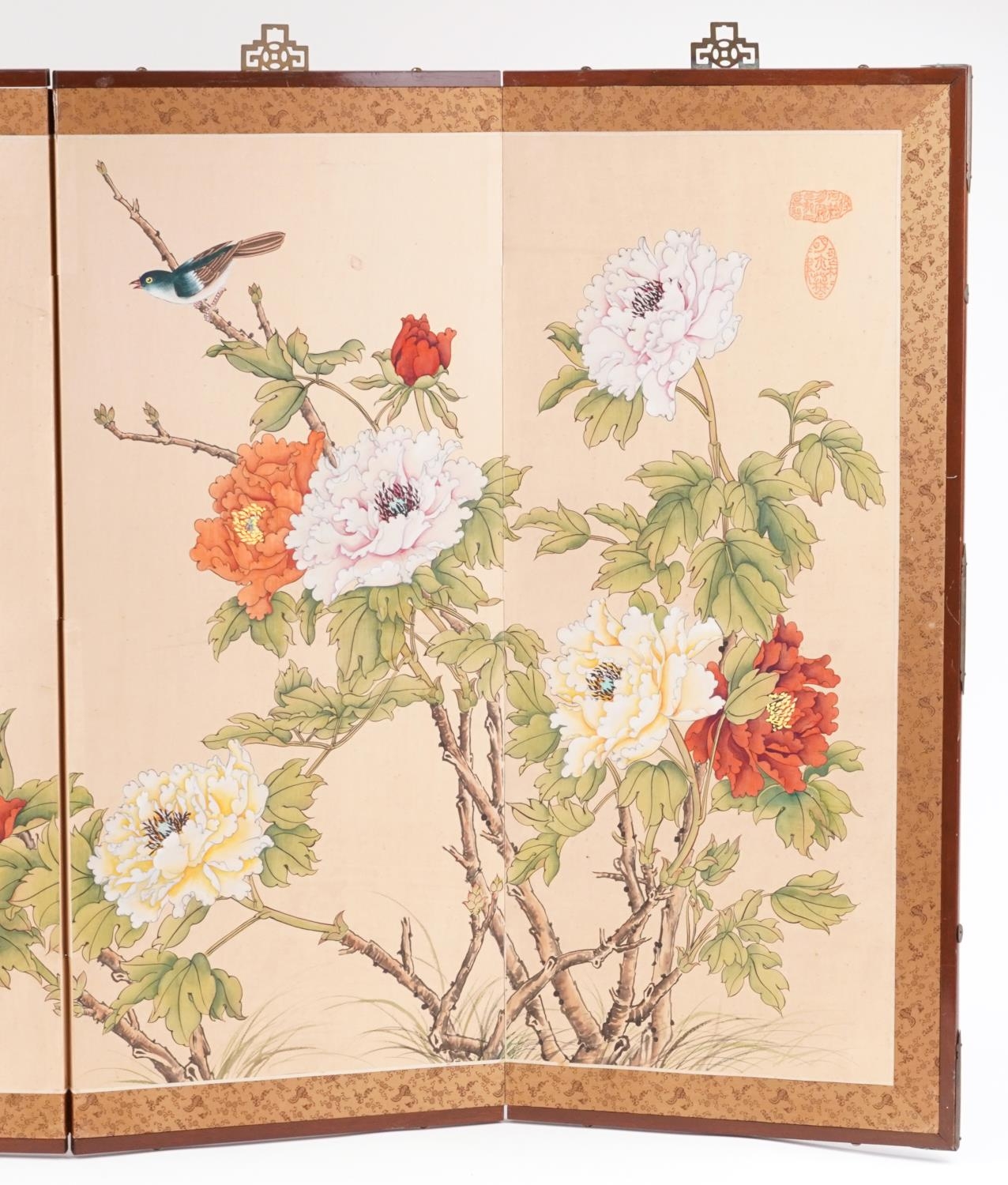Chinese four fold silk screen hand painted with birds amongst flowers, signed with calligraphy and - Bild 4 aus 6