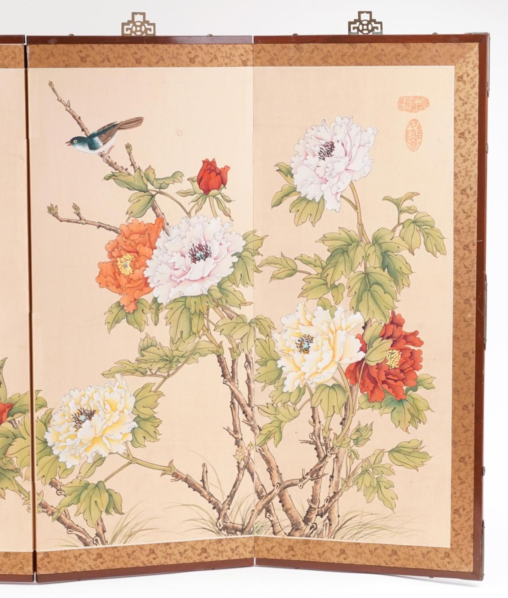 Chinese four fold silk screen hand painted with birds amongst flowers, signed with calligraphy and - Image 4 of 6