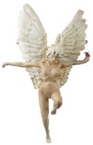 Neil Wilkinson, contemporary Brutalist resin wall sculpture of a mythical winged nude female holding