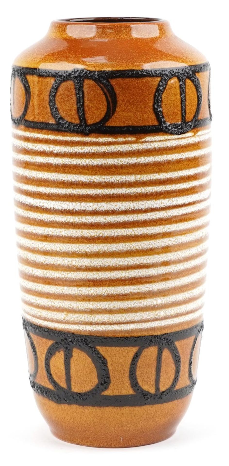 Scheurich, large mid century West German brown glazed vase hand painted with stylised motifs, 45cm - Image 2 of 4