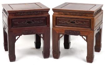 Pair of Chinese carved hardwood tables with square tops, possibly Hongmu, each 59.5cm H x 49cm W x