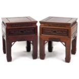 Pair of Chinese carved hardwood tables with square tops, possibly Hongmu, each 59.5cm H x 49cm W x