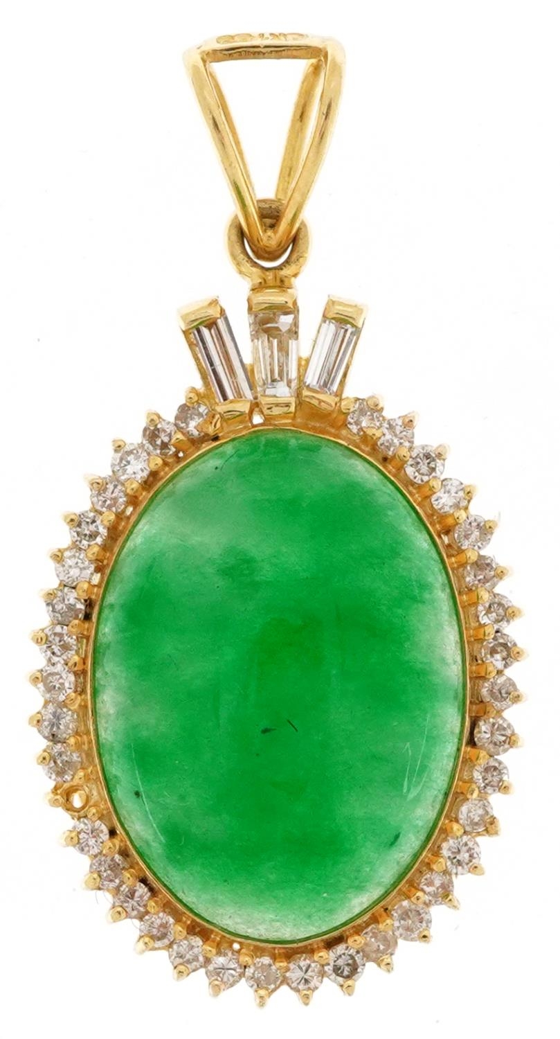 18ct Chinese gold green jade cabochon and diamond pendant, each round diamond approximately 1.10mm
