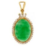 18ct Chinese gold green jade cabochon and diamond pendant, each round diamond approximately 1.10mm