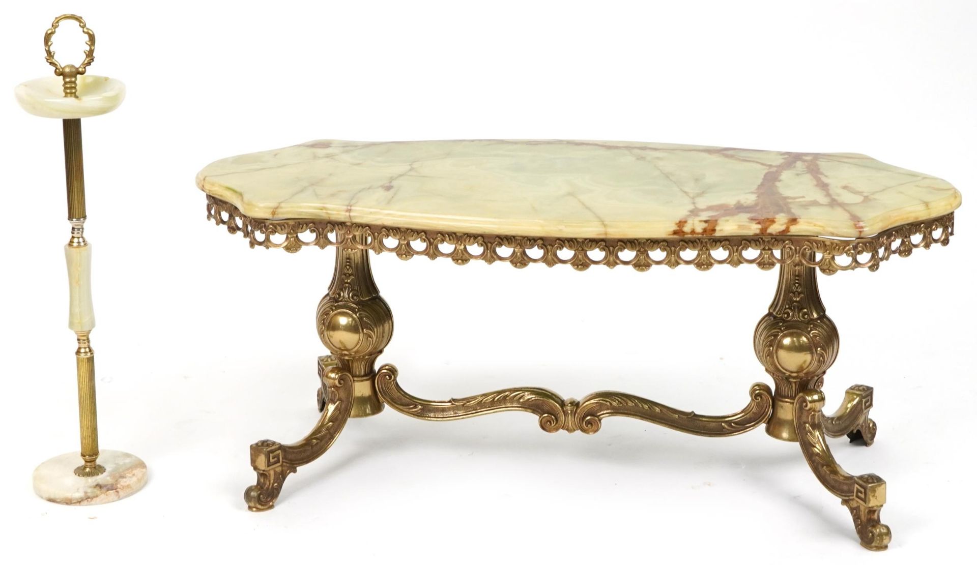 Ornate onyx and gilt brass centre table and a similar smoker's stand, the largest 44cm H x 105cm W x - Image 3 of 3