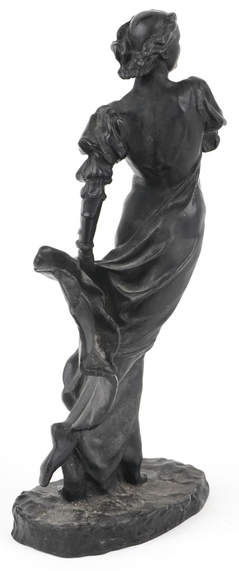 1970s Russian cast iron statuette of a female wearing a flowing dress, Cyrillic script and dated - Image 3 of 5
