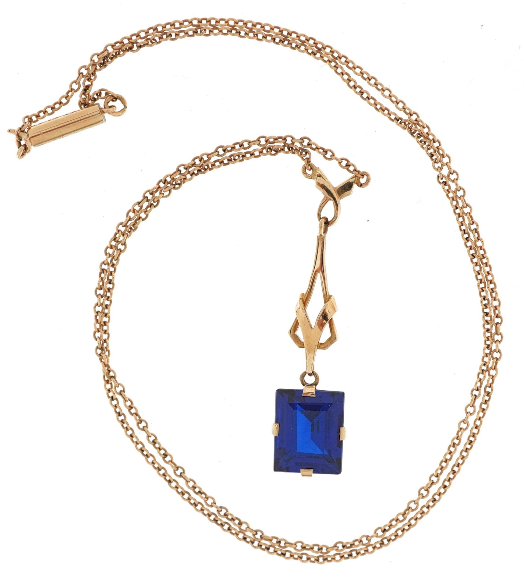 9ct gold blue spinel pendant on a 9ct gold necklace, 42cm in length, total 3.8g - Image 2 of 4