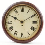 Victorian mahogany fusee wall clock having painted dial with Roman numerals, 36cm in diameter
