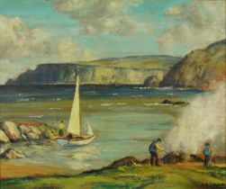 James Humbert Craig - Burning kelp at Cushendun, Co. Antrim, Irish school oil on board, inscribed