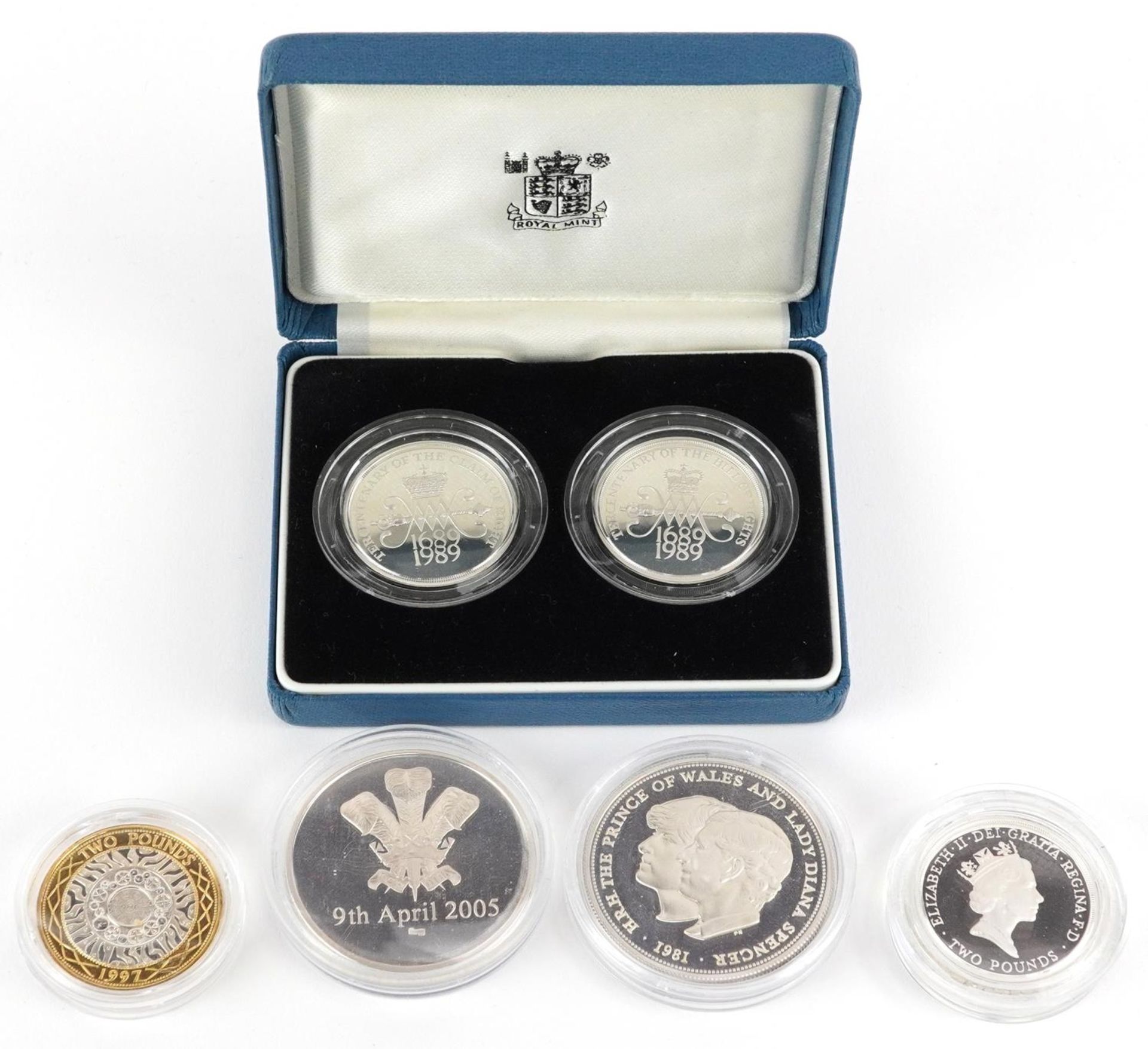 United Kingdom silver proof coins by The Royal Mint comprising 1989 two pounds two coin set, 1995