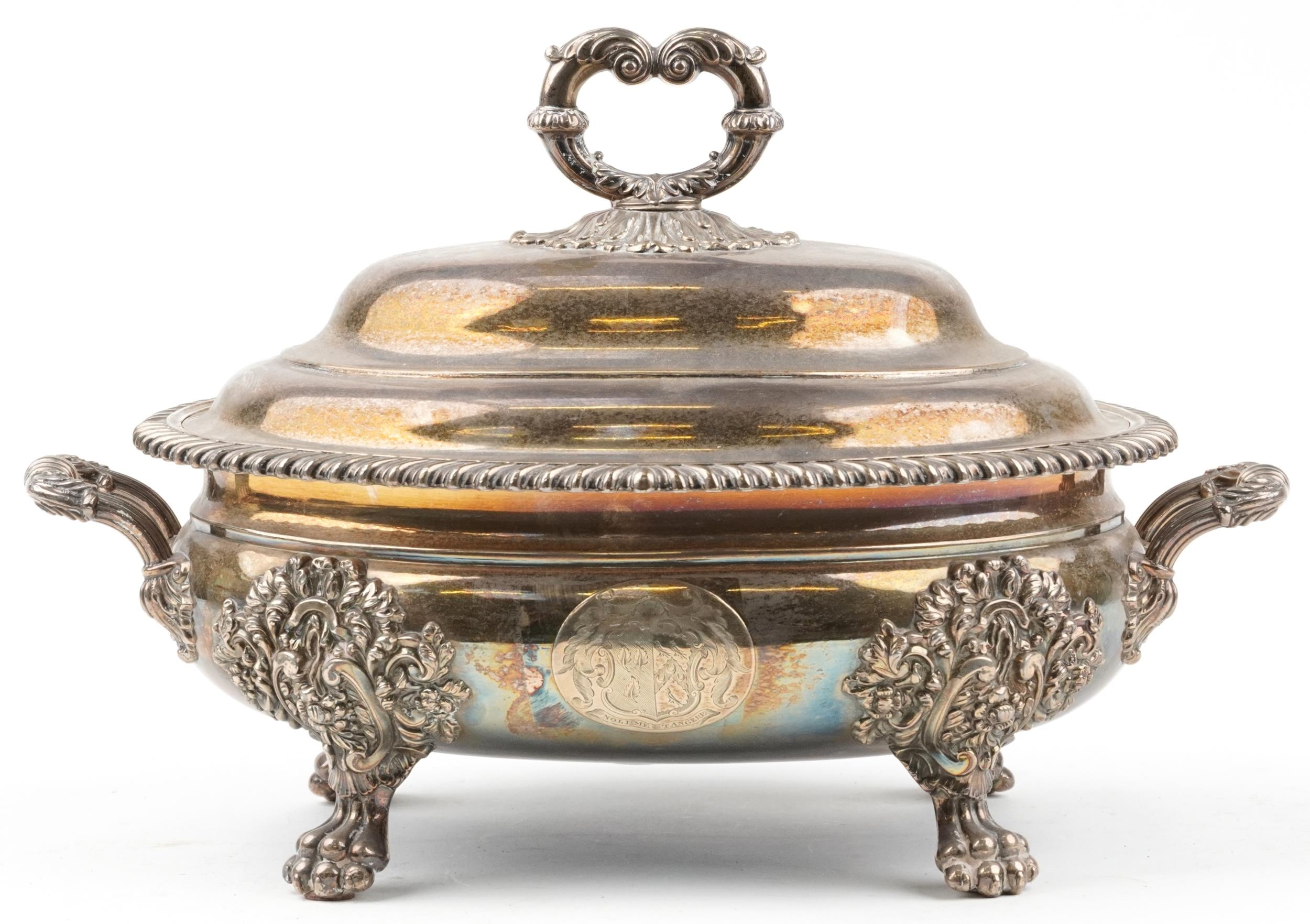 Good quality Victorian silver plated soup tureen and cover with twin handles on lion paw feet, - Image 2 of 3