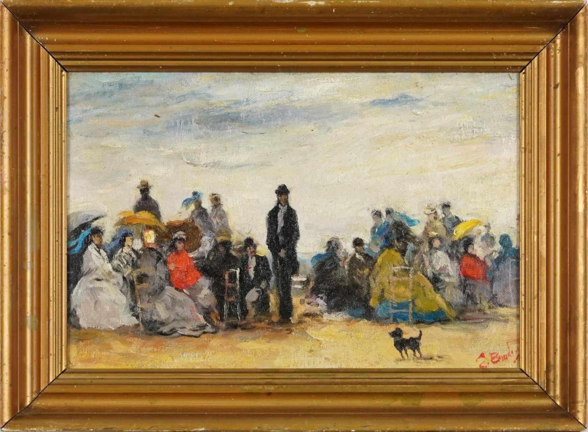 Busy beach scene, French Impressionist oil on canvas, mounted and framed, 29cm x 19.5cm excluding - Image 2 of 4