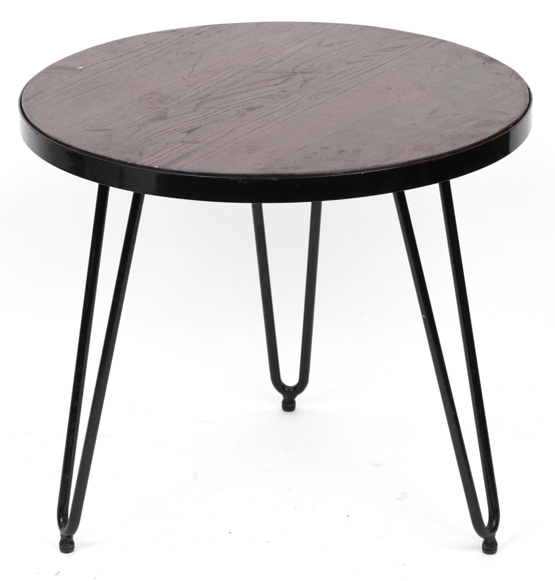 Industrial circular hardwood and wrought iron occasional table with hairpin legs, 53.5cm high x 61cm - Image 3 of 3