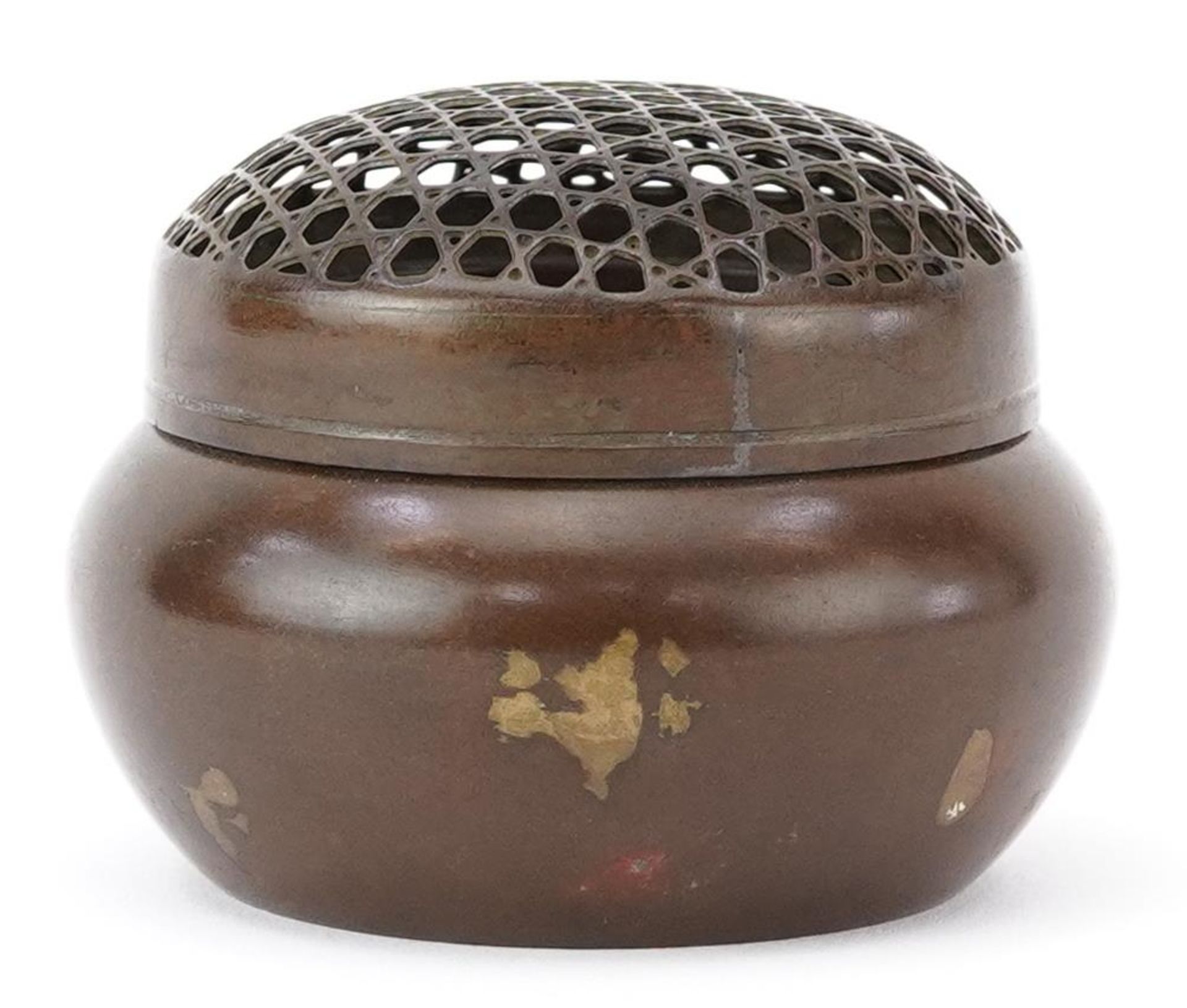 Chinese gold splashed censer with pierced cover, character marks to the base, 7.5cm in diameter