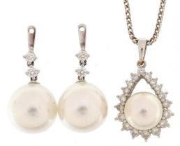 18ct white gold pearl and diamond teardrop pendant on an 18ct white gold necklace and two white gold