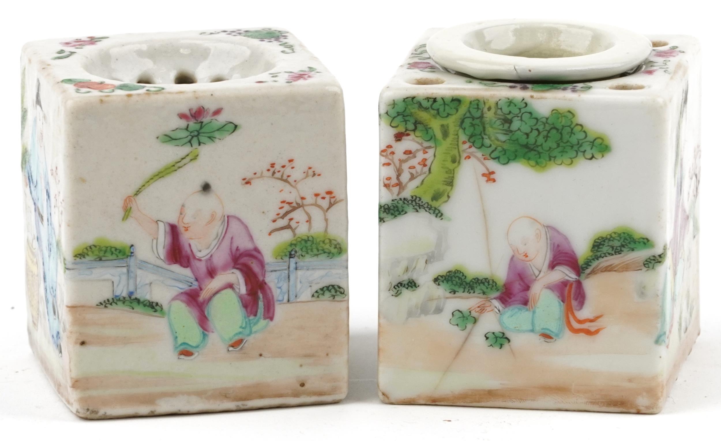 Pair of Chinese square section porcelain desk items hand painted in the famille rose palette with