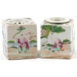 Pair of Chinese square section porcelain desk items hand painted in the famille rose palette with