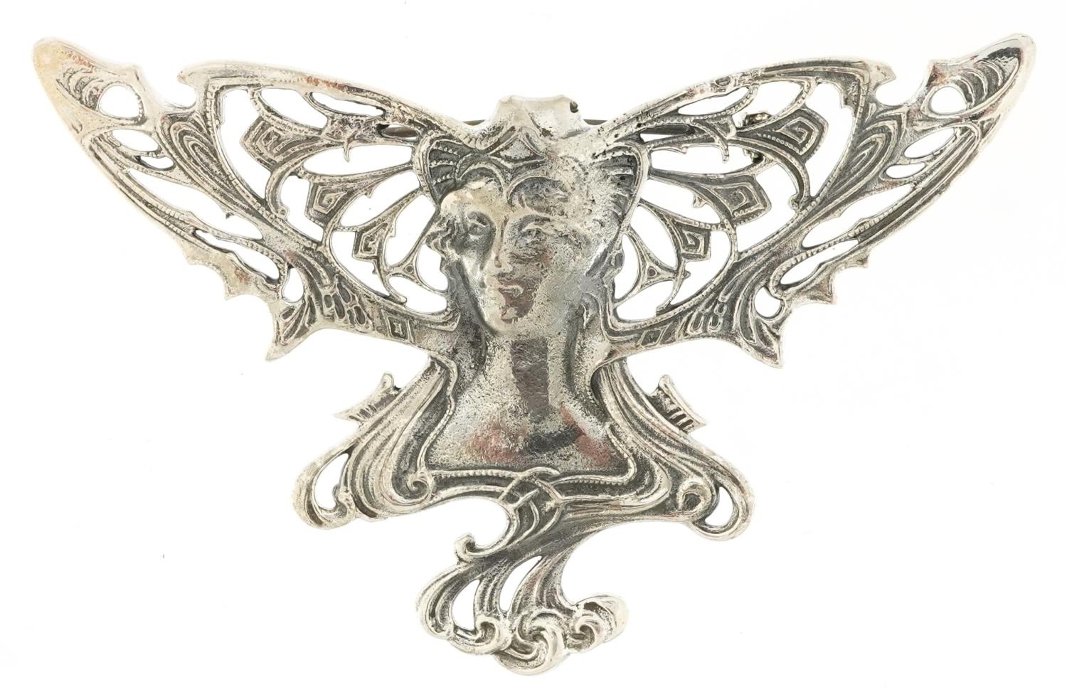 Art Nouveau style sterling silver brooch in the form of a maiden, 7.5cm wide, 15.8g