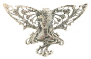 Art Nouveau style sterling silver brooch in the form of a maiden, 7.5cm wide, 15.8g