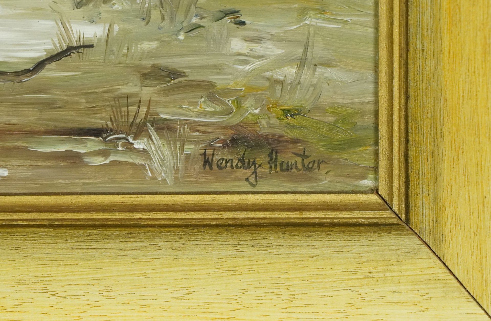 Wendy Hunter - Cranes amongst marshland, wildlife interest oil on board, mounted and framed, 59. - Image 3 of 5