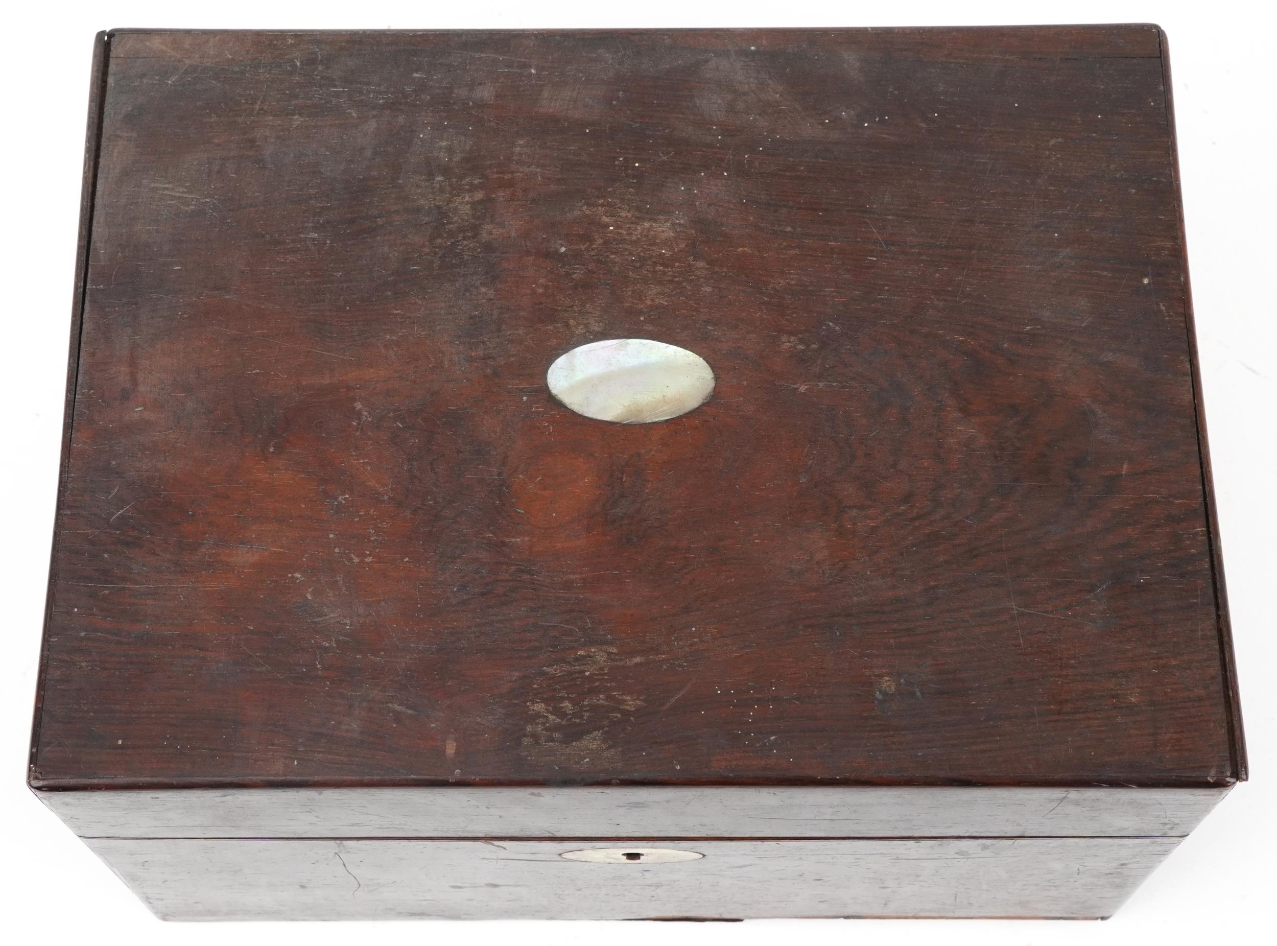 Victorian rosewood toilet box with side drawer, 18.5cm H x 31cm W x 23cm D - Image 3 of 4