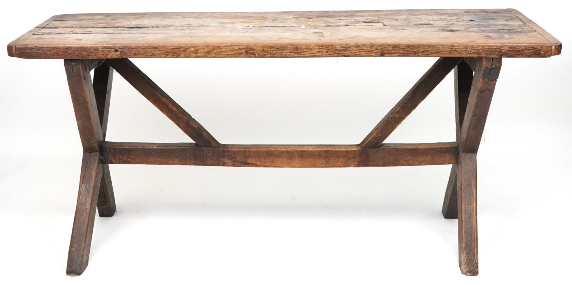 Industrial hardwood dining table with X stretcher, 71cm H x 157cm W x 60cm D - Image 2 of 4