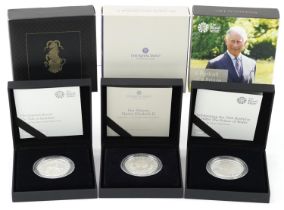 Three silver proof coins by The Royal Mint with cases and boxes, comprising 2019 one ounce coin