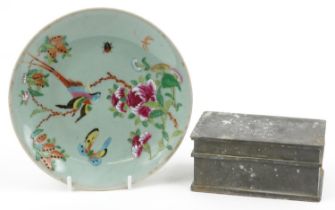 Chinese Canton famille rose plate and a Kut Hing pewter tea caddy with liner, the largest 21.5cm