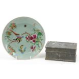 Chinese Canton famille rose plate and a Kut Hing pewter tea caddy with liner, the largest 21.5cm