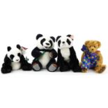 Hermann teddy bear with jointed limbs and three soft toy pandas, 42cm high