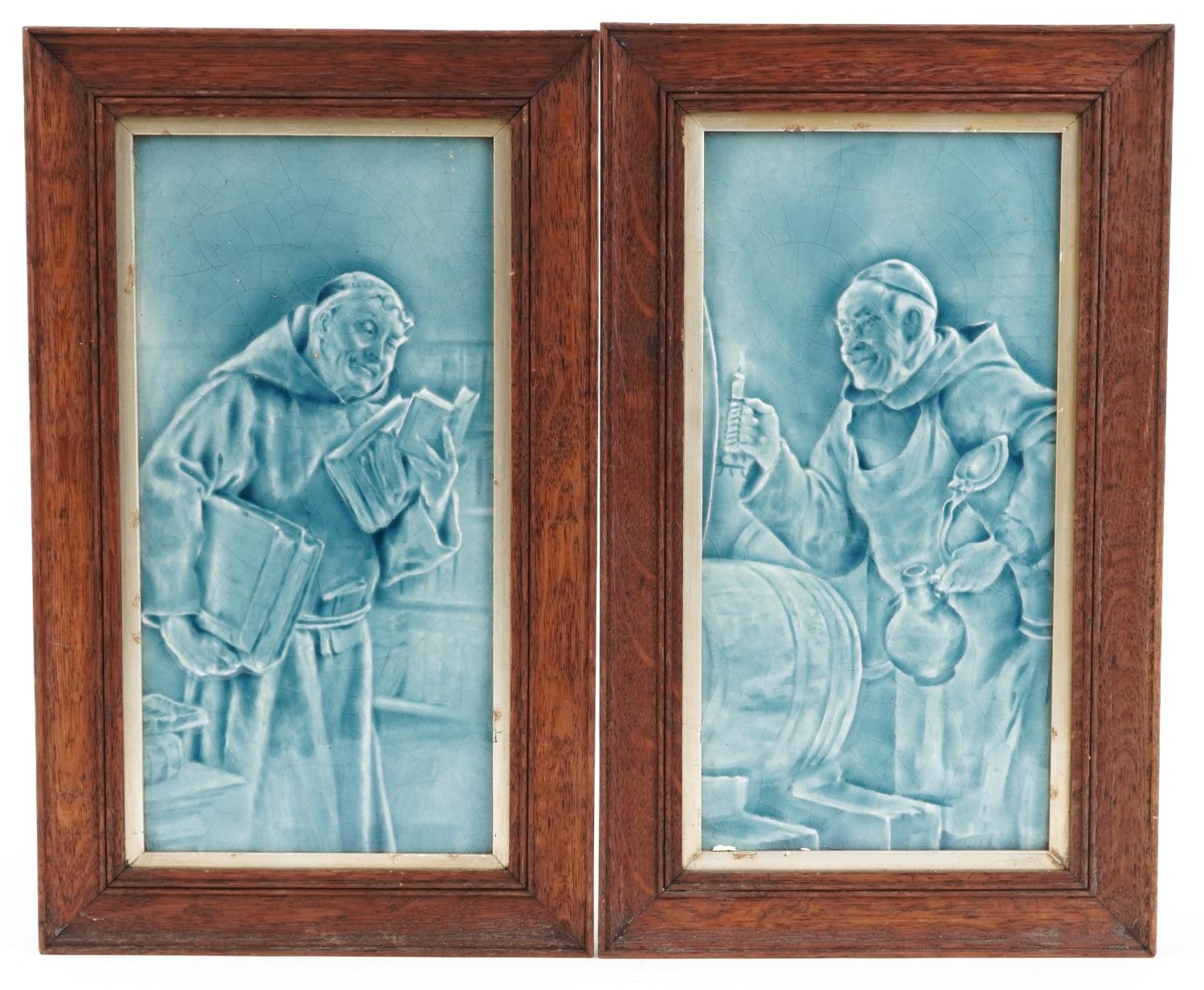 Craven Dunnill & Co, pair of Victorian aesthetic pottery blue glazed tiles decorated in low relief - Image 4 of 8