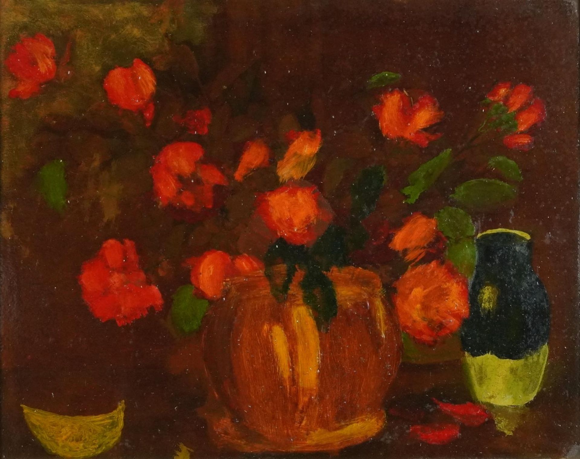 Still life flowers in a vase, post war British oil on board, framed, 49.5cm x 39.5cm excluding the