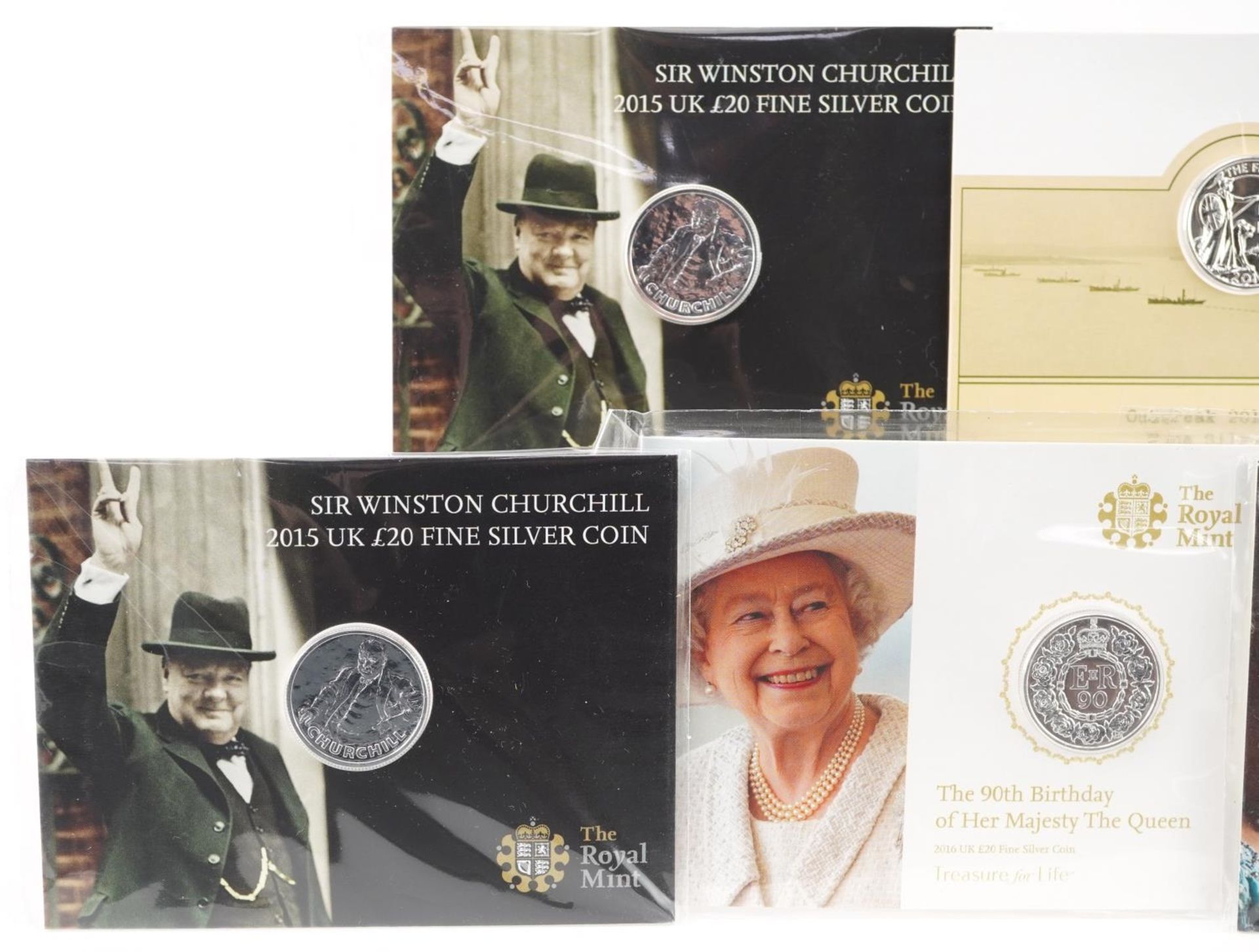 Five Elizabeth II United Kingdom twenty pound fine silver coins by The Royal Mint comprising two - Image 2 of 4