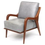 Scandinavian design hardwood lounge chair having a bluish grey upholstered back and seat, 86cm H x