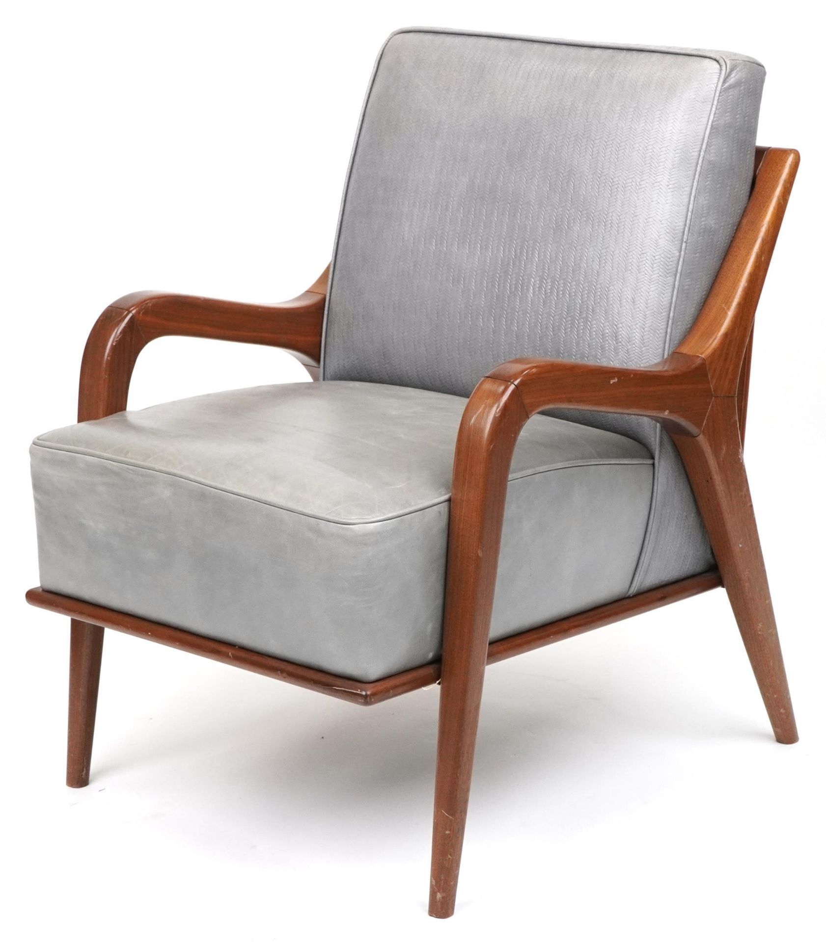 Scandinavian design hardwood lounge chair having a bluish grey upholstered back and seat, 86cm H x