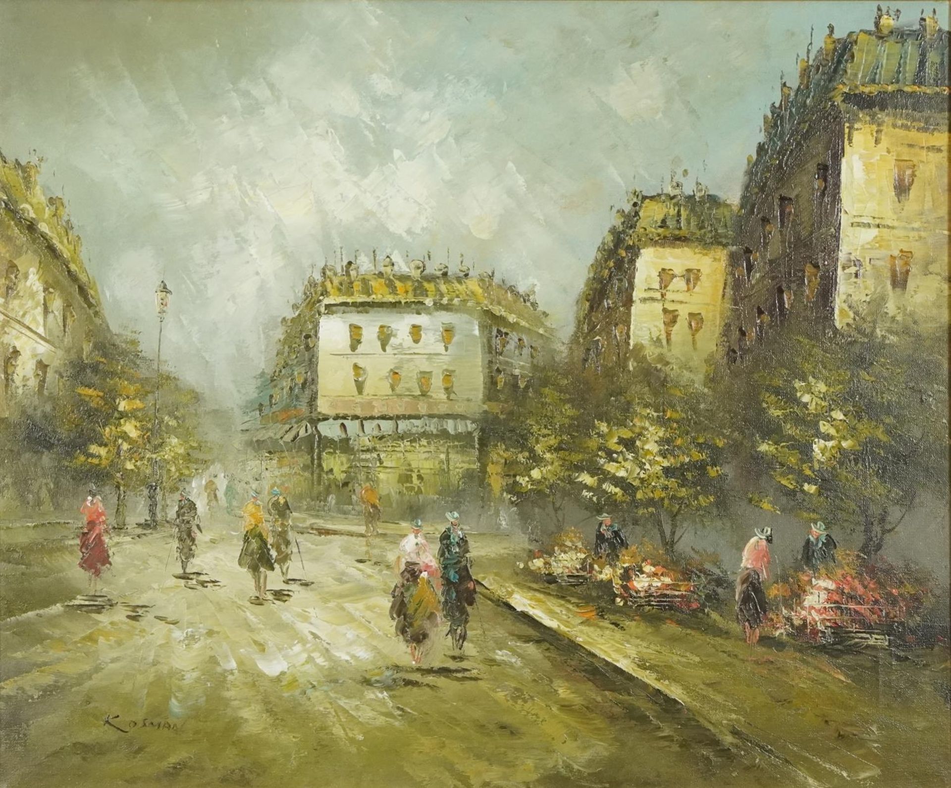 Kosman - Parisian street scene, impressionist oil on canvas, mounted and framed, 59.5cm x 50cm